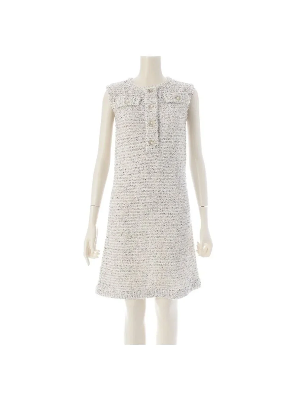 Chanel Tweed CC Logo Pearl Clear Button Sleeveless Fitted Dress White 36